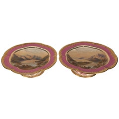 Pair of 19th Century Antique English Hand Painted Porcelain Compotes