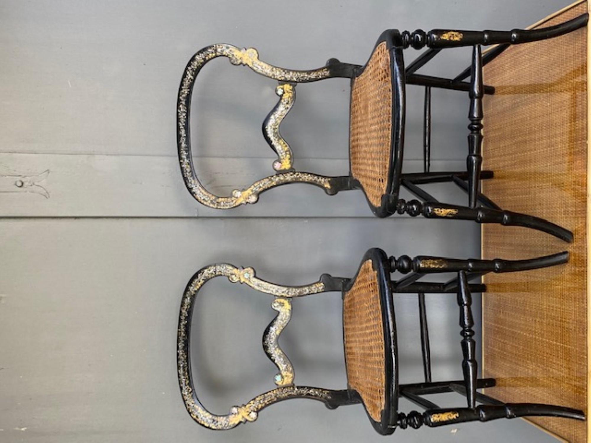 Lacquered Pair of 19th Century. Antique English Victorian Ebonised Side Chairs, Circa 1860 For Sale