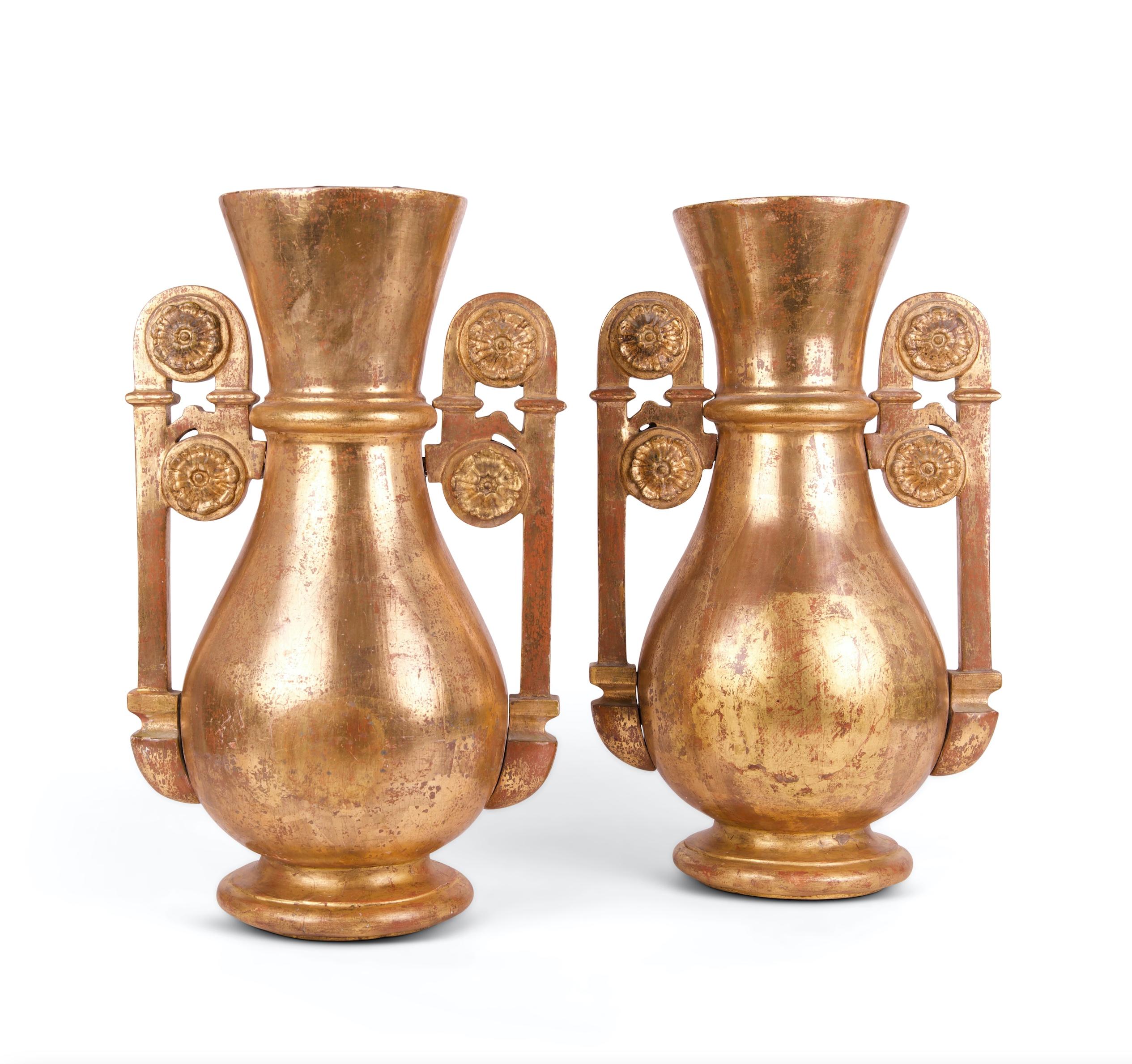 Baltic Pair of 19th Century Antique Gold Neo-Classical Vases For Sale