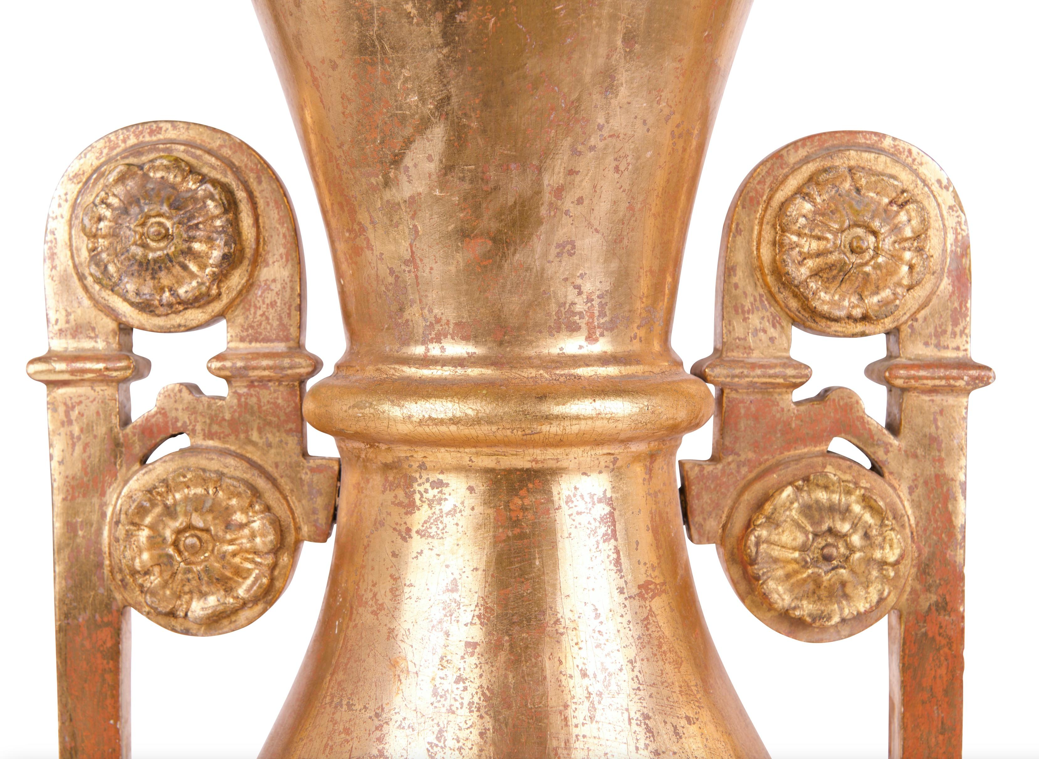 Giltwood Pair of 19th Century Antique Gold Neo-Classical Vases For Sale