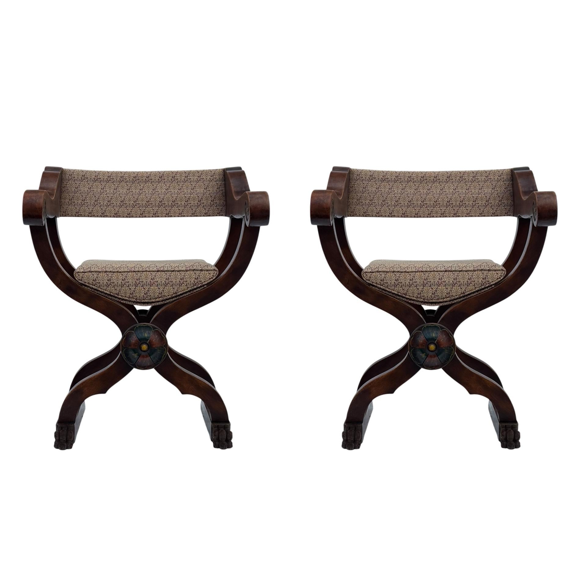 Late 19th Century Pair of 19th Century Antique Italian Savonarola Campaign Armchairs in Mahogany For Sale