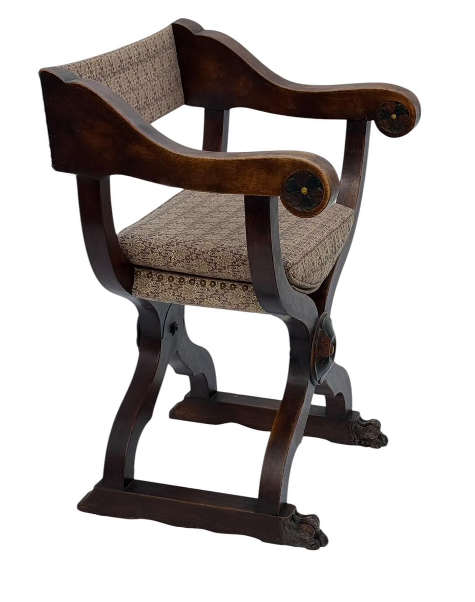 Fabric Pair of 19th Century Antique Italian Savonarola Campaign Armchairs in Mahogany For Sale