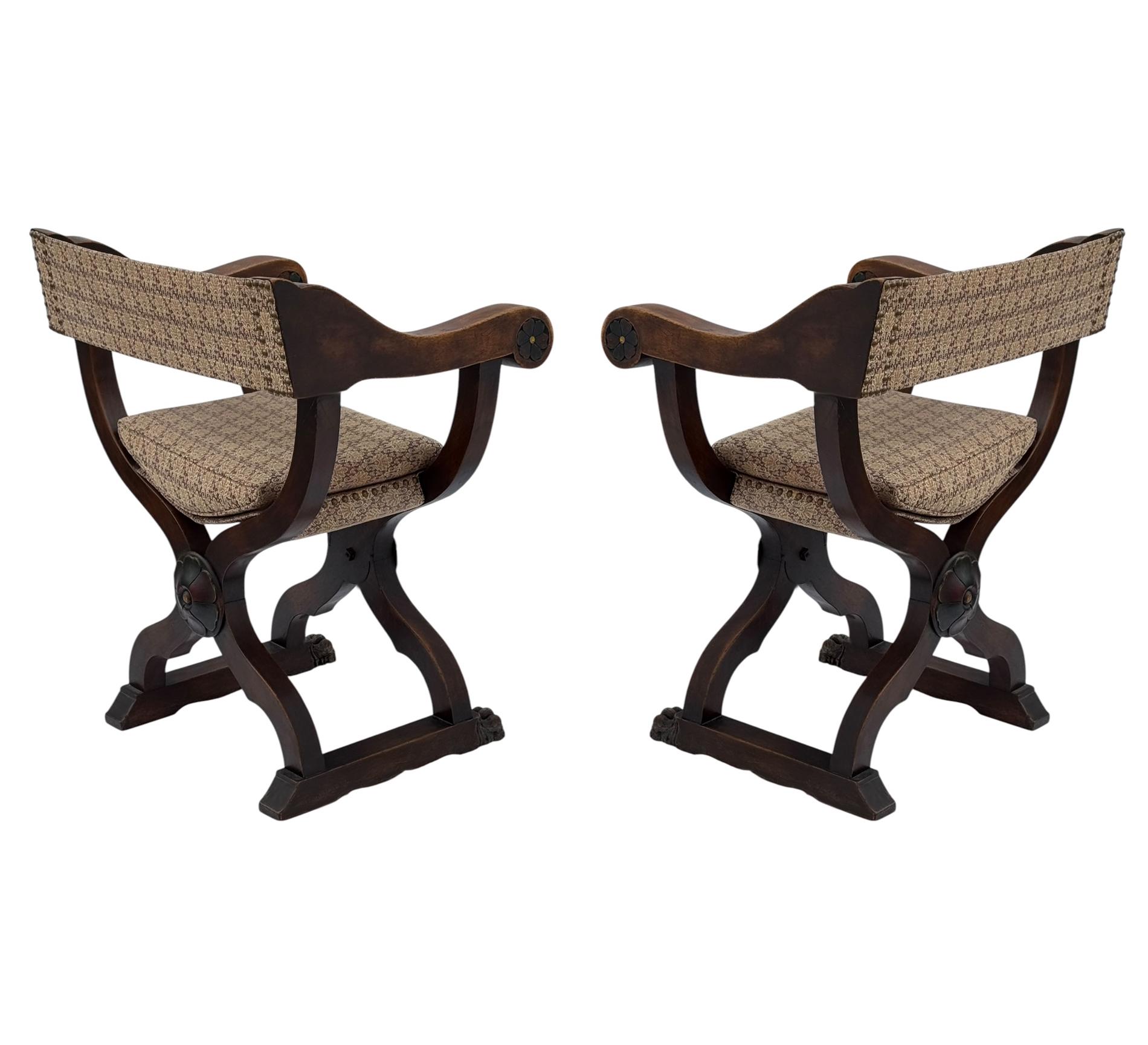 Pair of 19th Century Antique Italian Savonarola Campaign Armchairs in Mahogany For Sale 1