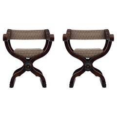 Pair of 19th Century Antique Italian Savonarola Campaign Armchairs in Mahogany