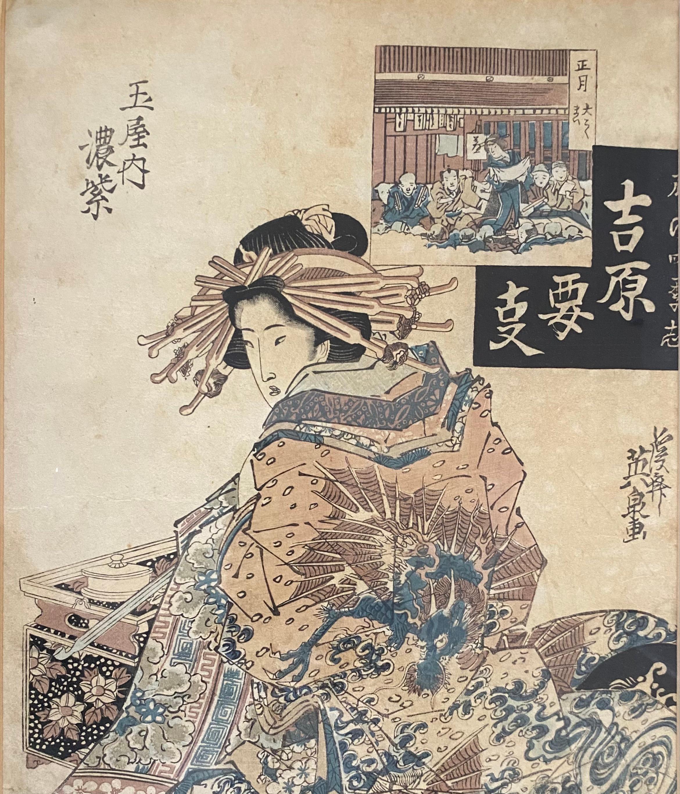 Pair of 19th Century Antique Japanese Woodblocks Prints Attrib. to Keisai Eisen In Good Condition For Sale In Miami, FL