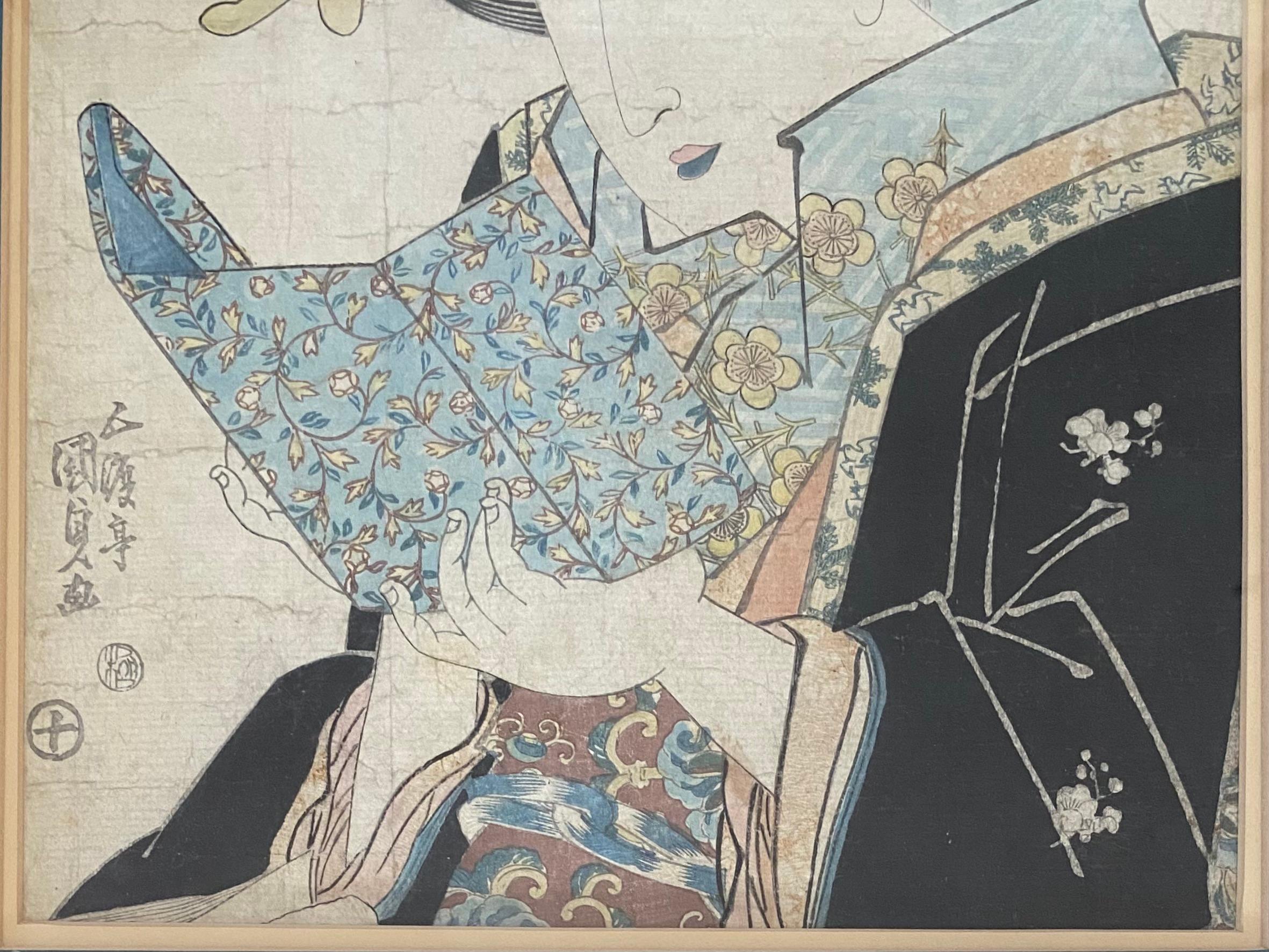 Pair of 19th Century Antique Japanese Woodblocks Prints Attrib. to Keisai Eisen For Sale 1