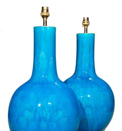Late Qing Dynasty Turquoise Porcelain Pair of Table Lamps, 19th Century