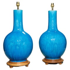 Pair of 19th Century Antique Porcelain Turquoise Table Lamps