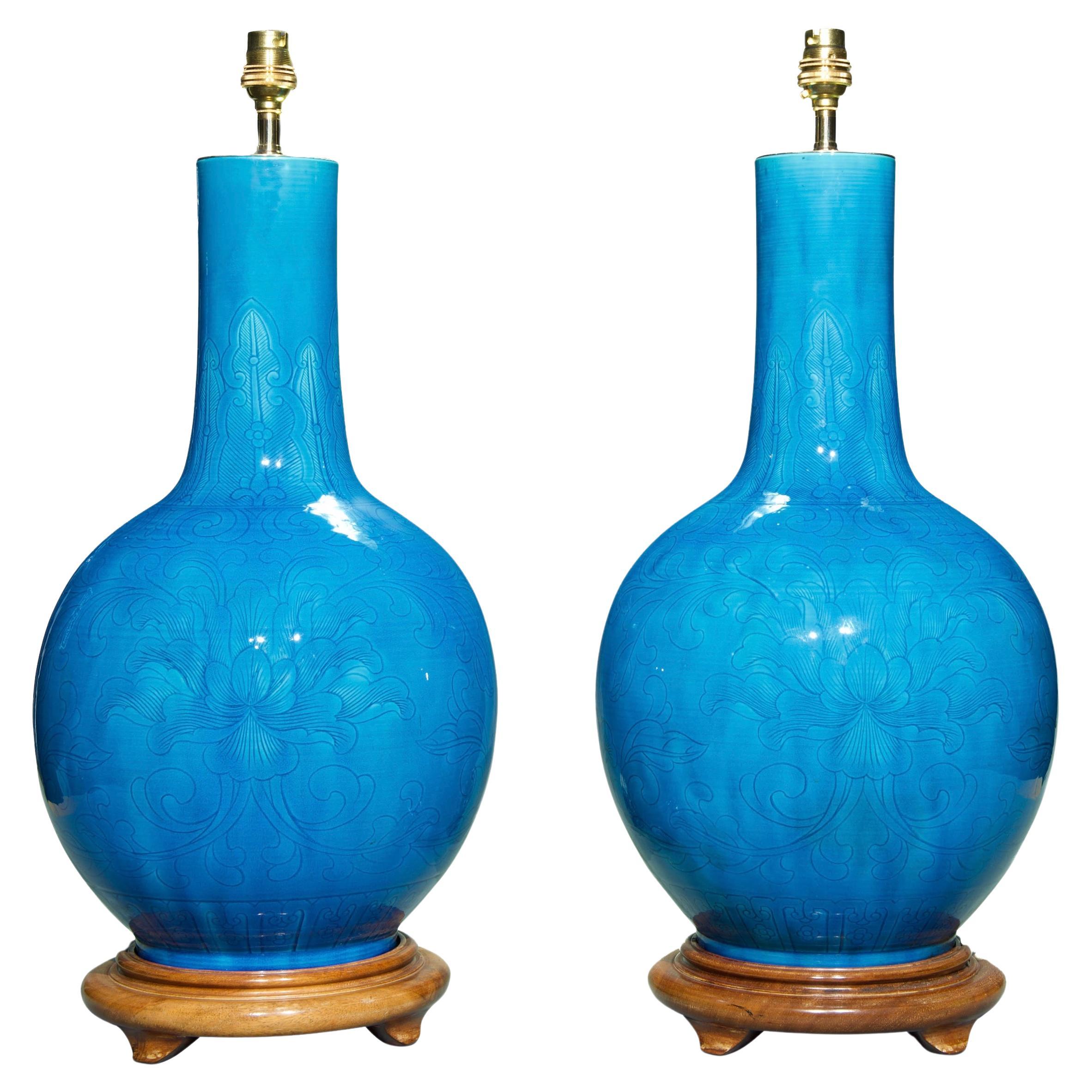 Paire de lampes de table anciennes en porcelaine turquoise du 19ème siècle