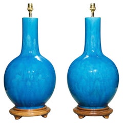 Paar antike türkisfarbene Porzellan-Tischlampen aus dem 19. Jahrhundert