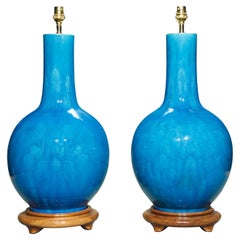 Pair of Turquoise 19th Century Antique Porcelain Table Lamps