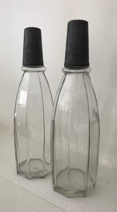 Pair of 19th Century Antique Saloon Liquor Bottles with Pewter Shot Glasses