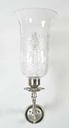 Pair of 19th Century Antique Silver Sconces with Cut Crystal Hurricane Shades