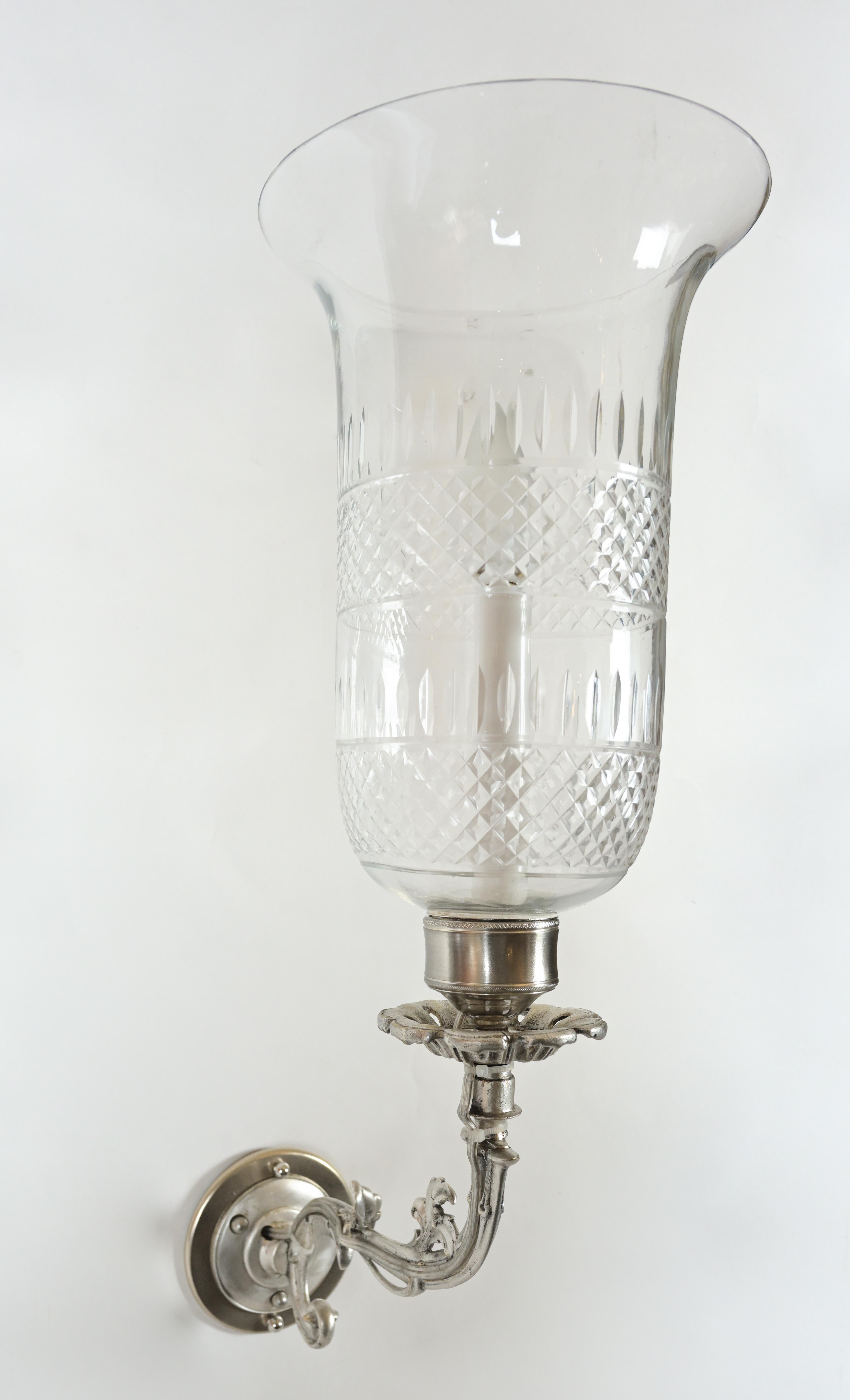 Rococo Revival Pair of 19th Century Antique Silver Sconces with Cut Crystal Hurricane Shades