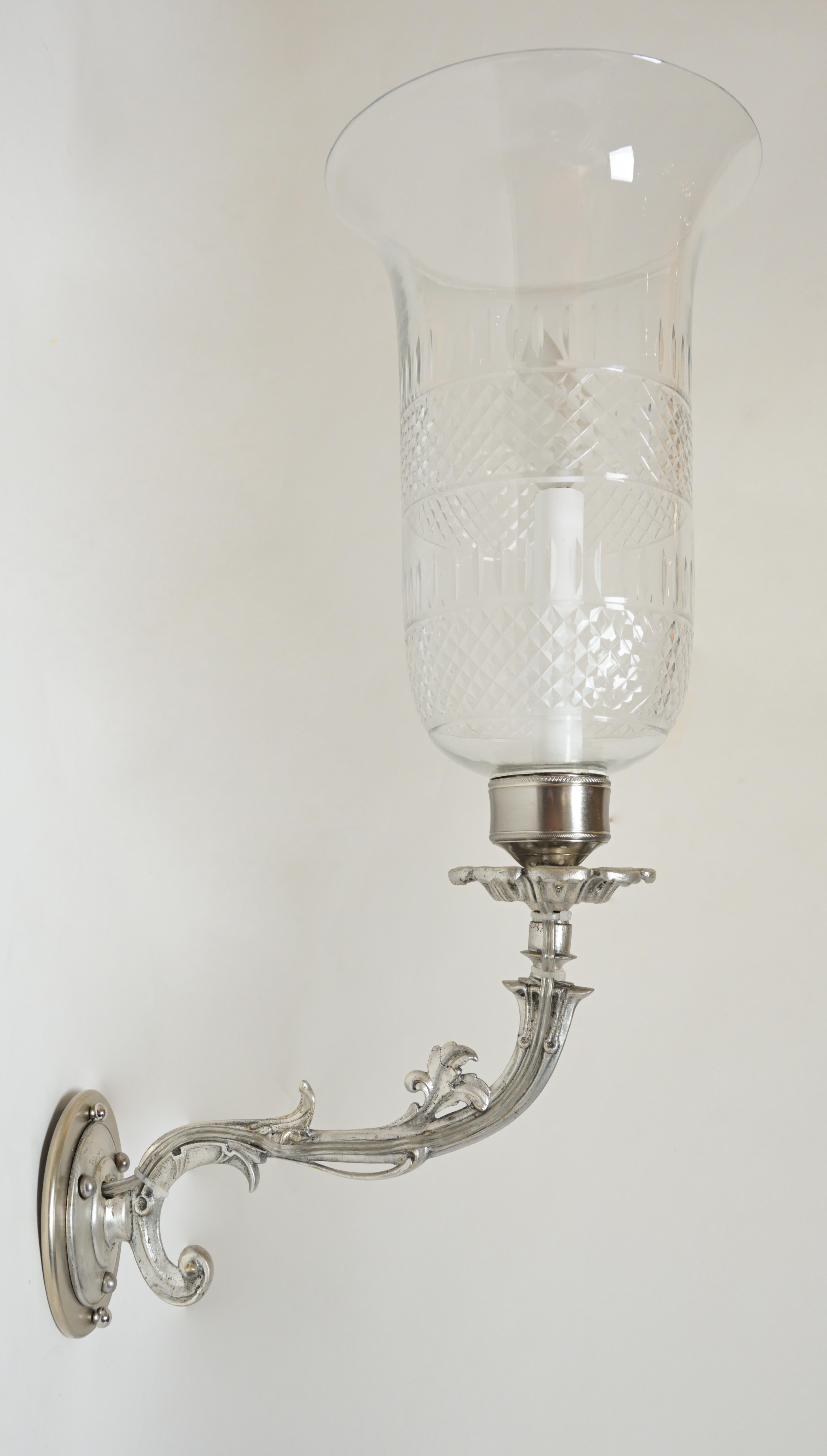 European Pair of 19th Century Antique Silver Sconces with Cut Crystal Hurricane Shades