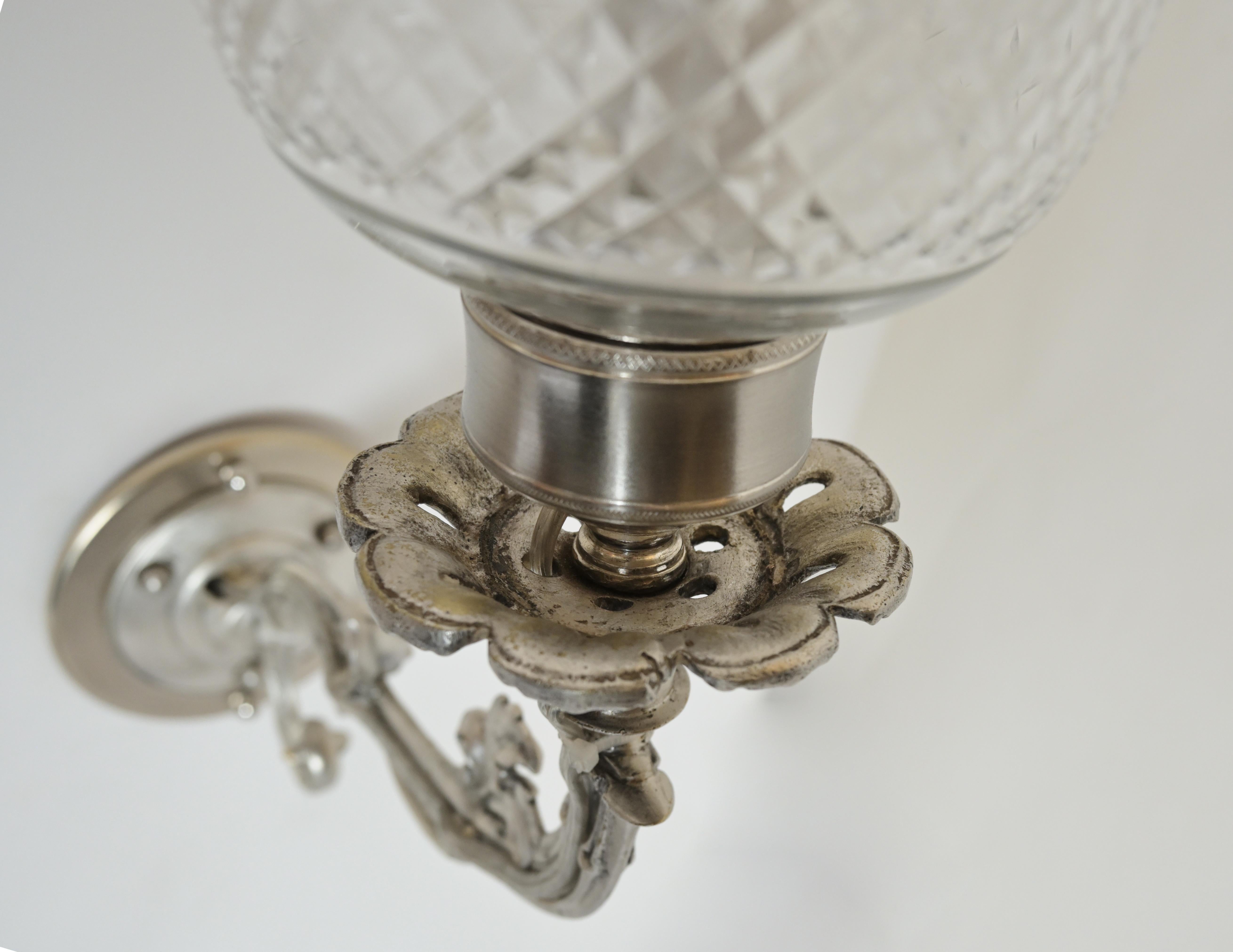 Pair of 19th Century Antique Silver Sconces with Cut Crystal Hurricane Shades In Good Condition In New York, NY