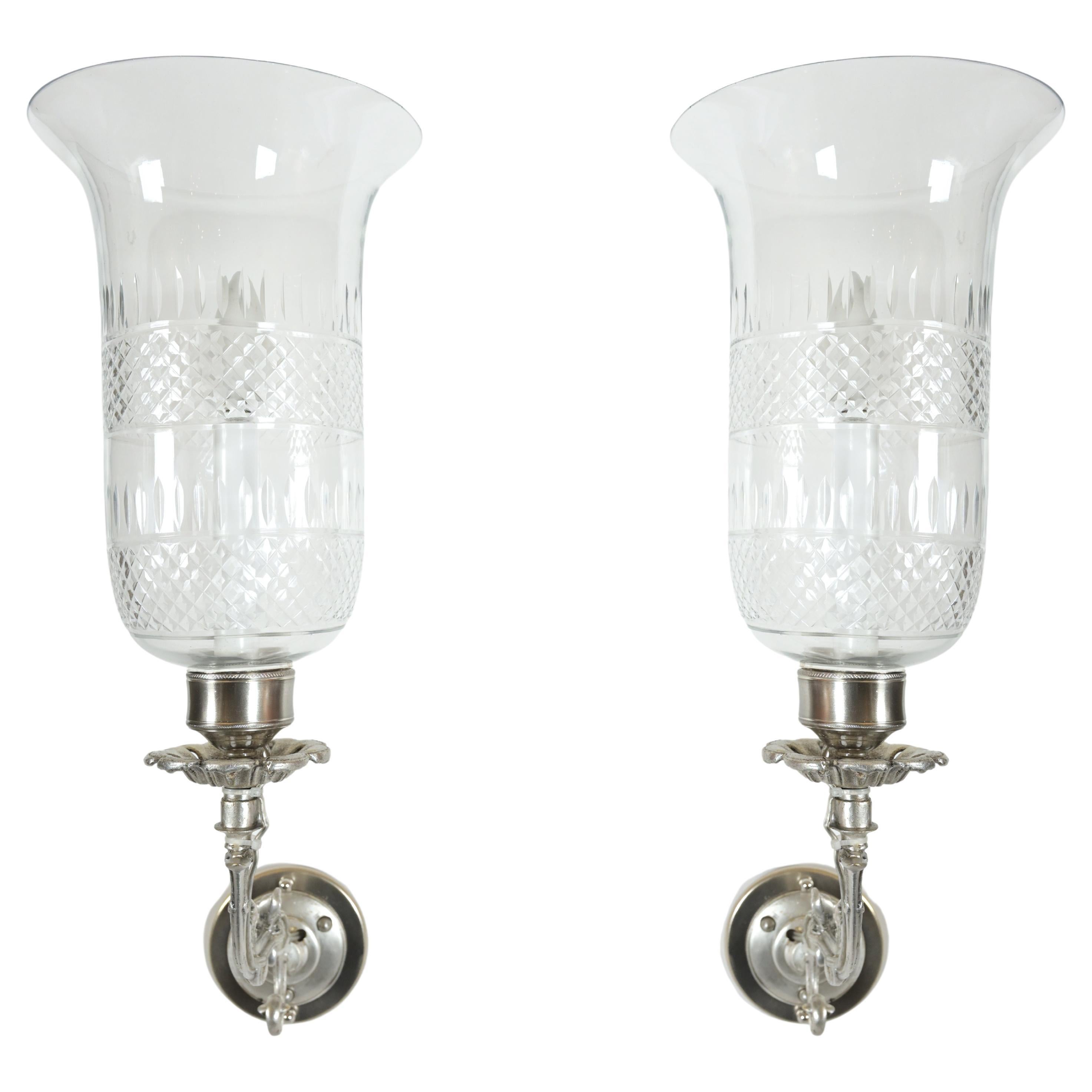 Pair of 19th Century Antique Silver Sconces with Cut Crystal Hurricane Shades