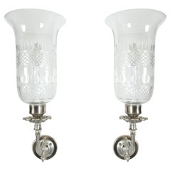 Pair of 19th Century Antique Silver Sconces with Cut Crystal Hurricane Shades