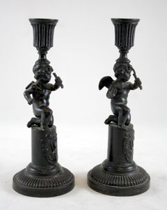 Pair of 19th Century Antique Spelter Candlesticks with Cherubs