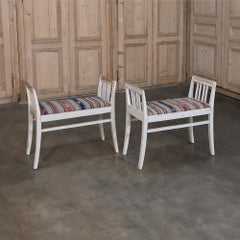 Pair of 19th Century Antique Swedish White Painted Stools with Ikat Upholstery