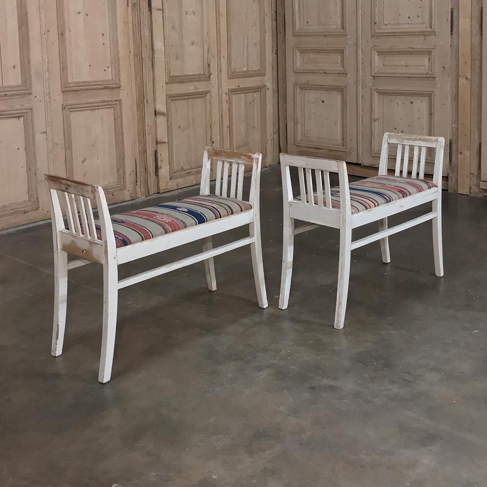 Neoclassical Pair of 19th Century Antique Swedish White Painted Stools with Ikat Upholstery