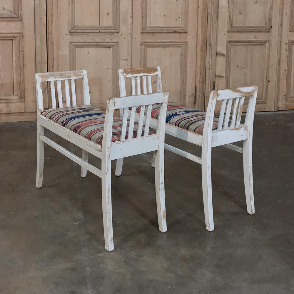 Pine Pair of 19th Century Antique Swedish White Painted Stools with Ikat Upholstery