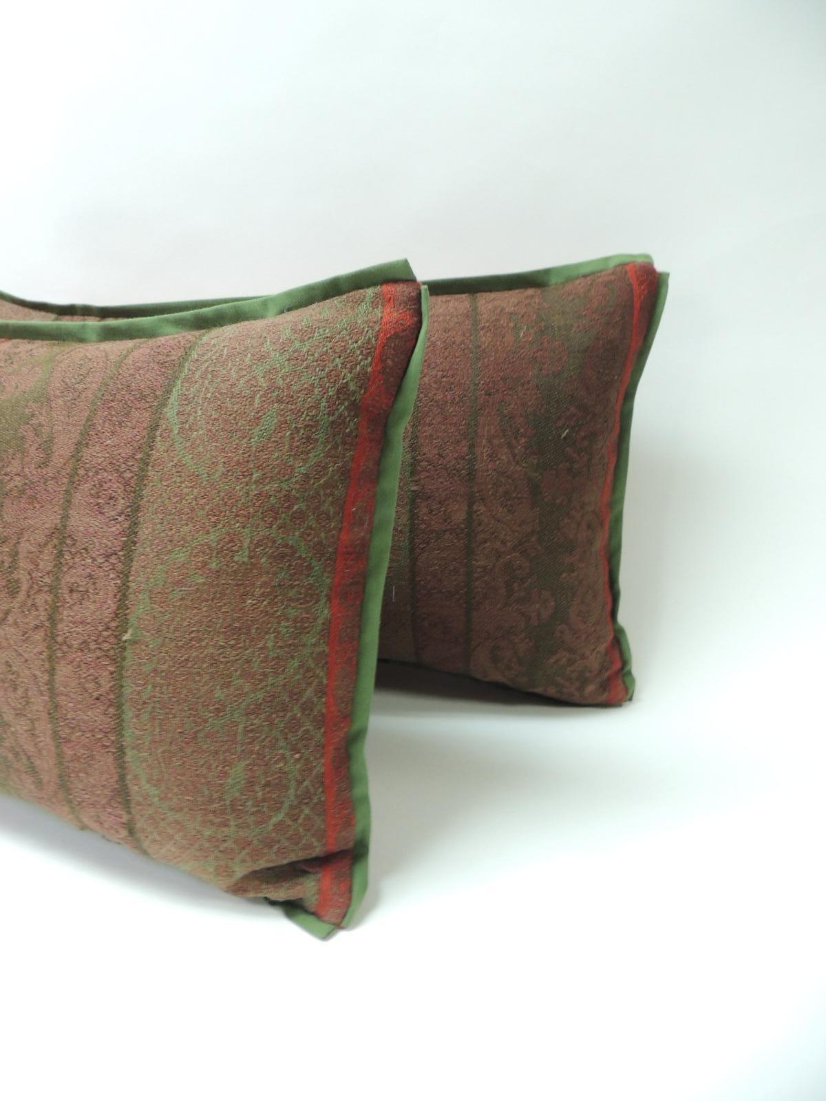Hand-Crafted Pair of 19th Century Antique Woven Kashmir Paisley Decorative Lumbar Pillows