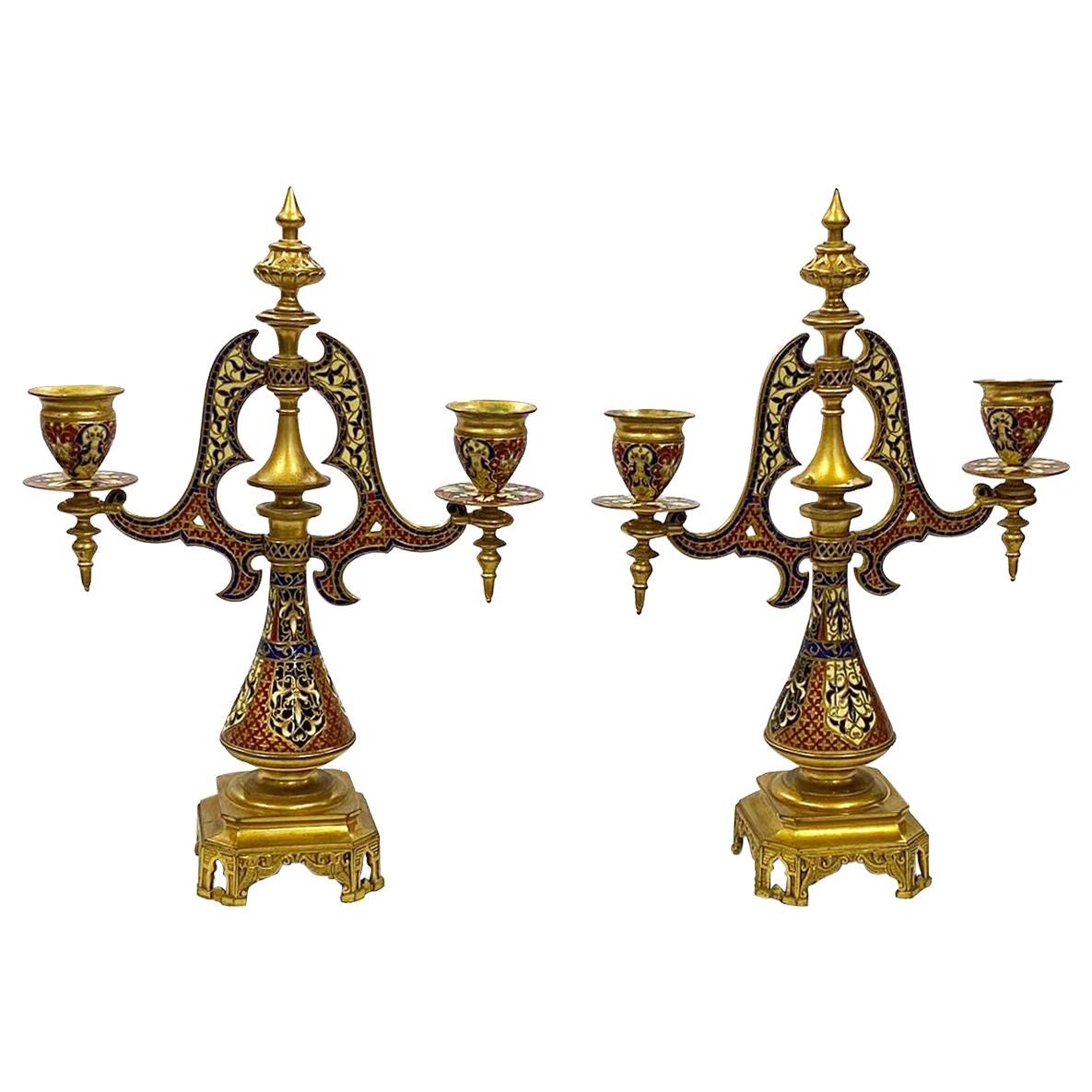 Pair of 19th Century Arabic Style French Champlieve Enamel Candleabra For Sale