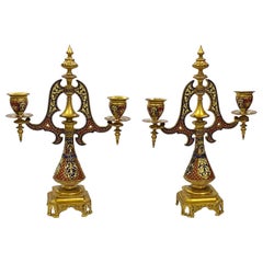 Pair of 19th Century Arabic Style French Champlieve Enamel Candleabra