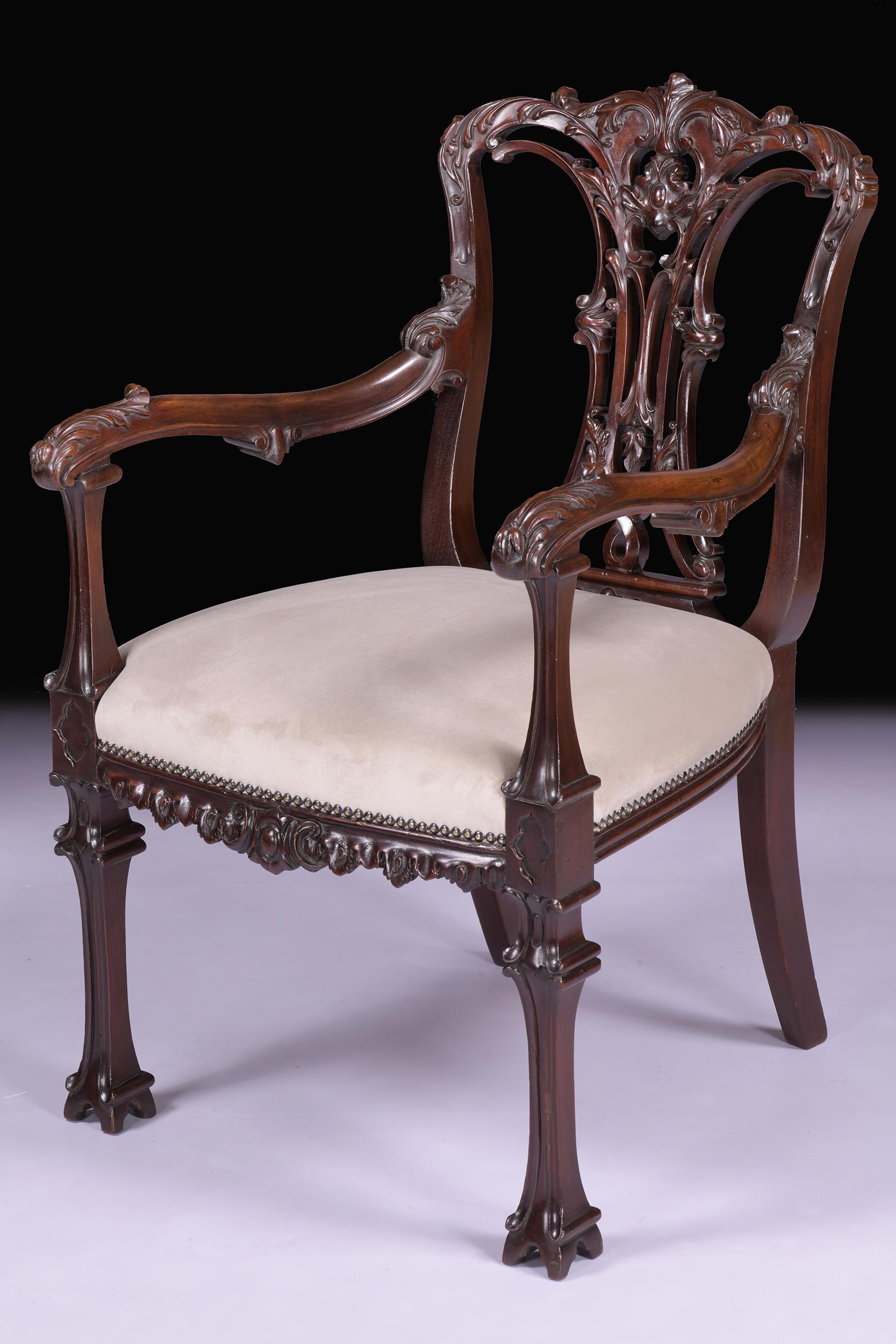 Fabric Pair Of 19th Century Armchairs In The Chinese Chippendale Style