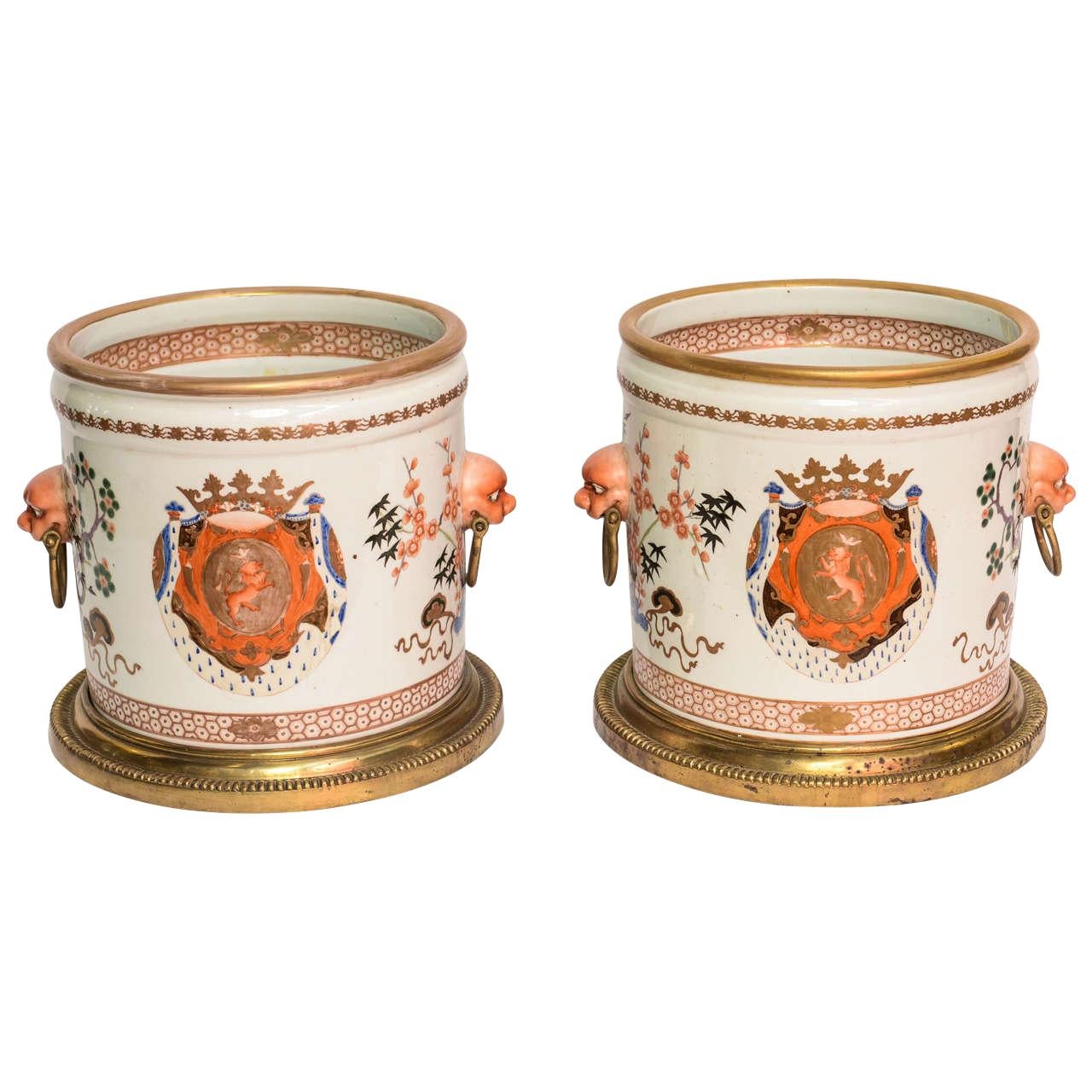 Pair of 19th Century Armorial Cachepots in the Chinese Export Style For Sale