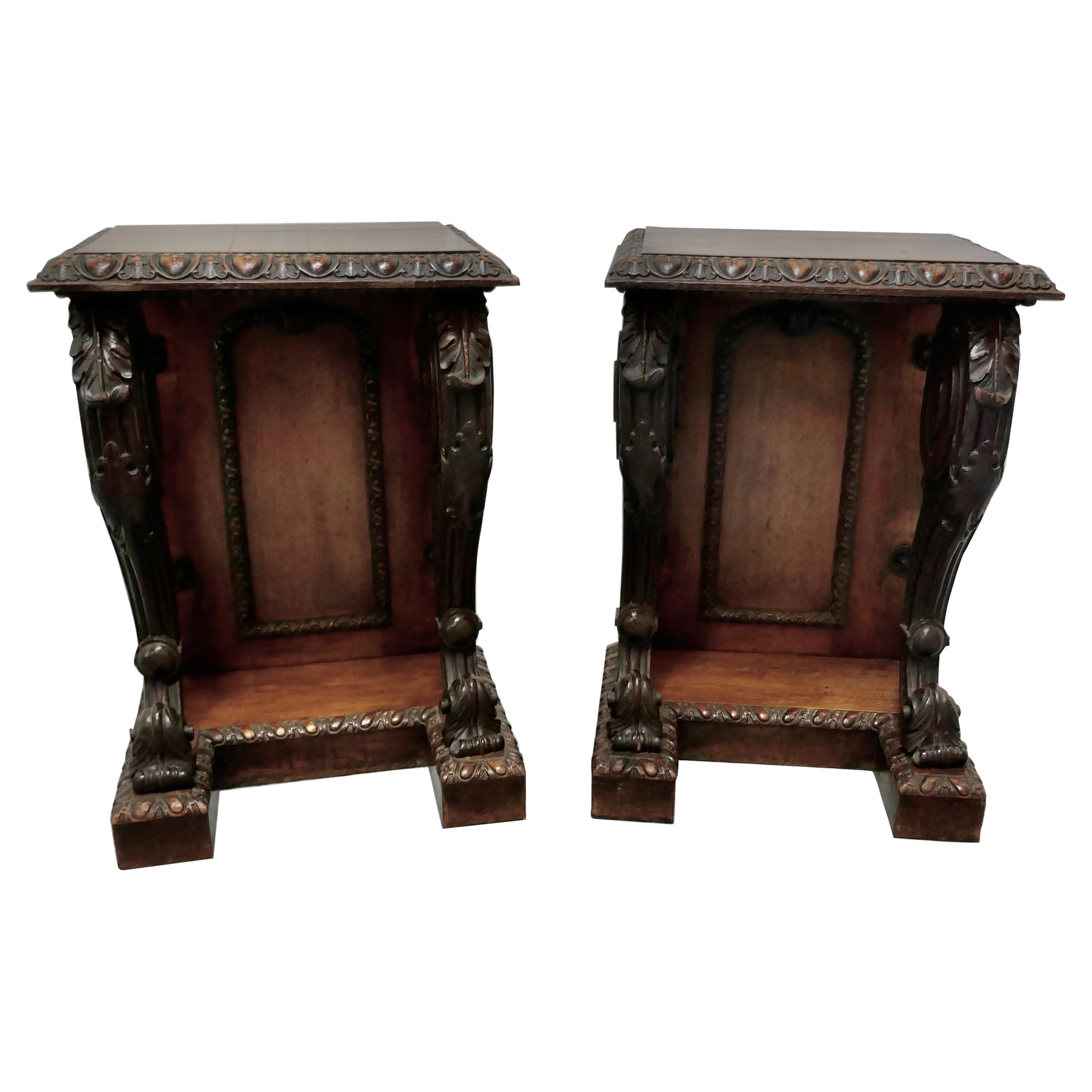 Pair of 19th Century Art Nouveau Gothic Carved Oak Console Pedestals For Sale