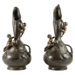 Paire de vases en bronze patiné Art Nouveau du 19ème siècle par Ignar Mansch, France