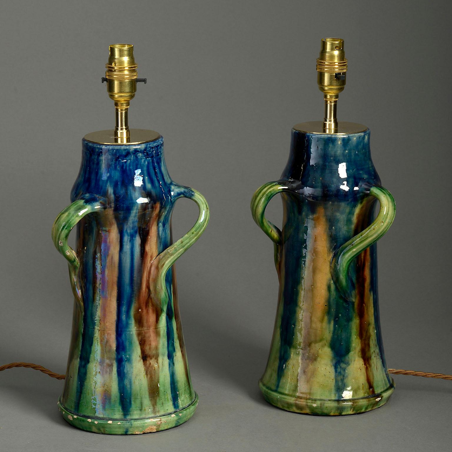 French Pair of 19th Century Art Nouveau Pottery Vase Lamps