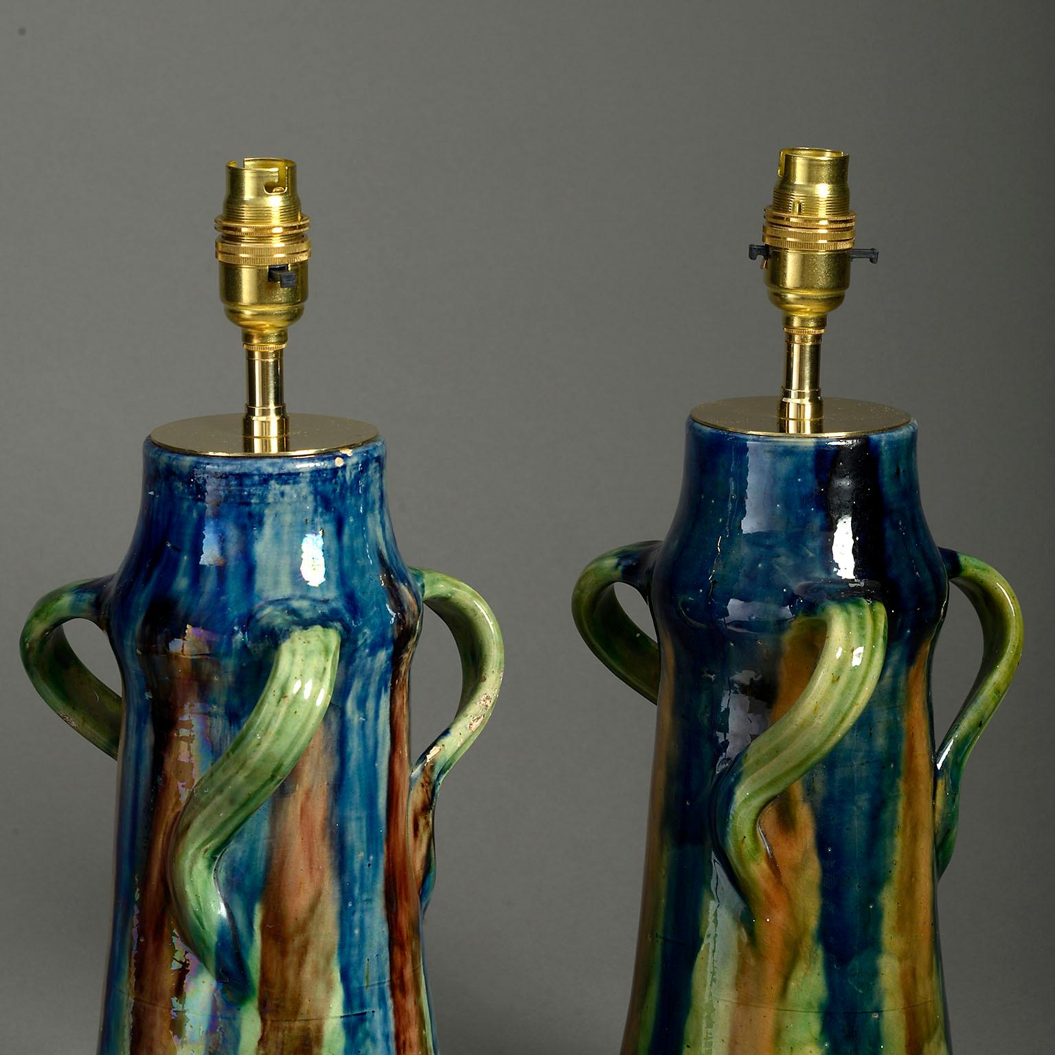 Fired Pair of 19th Century Art Nouveau Pottery Vase Lamps