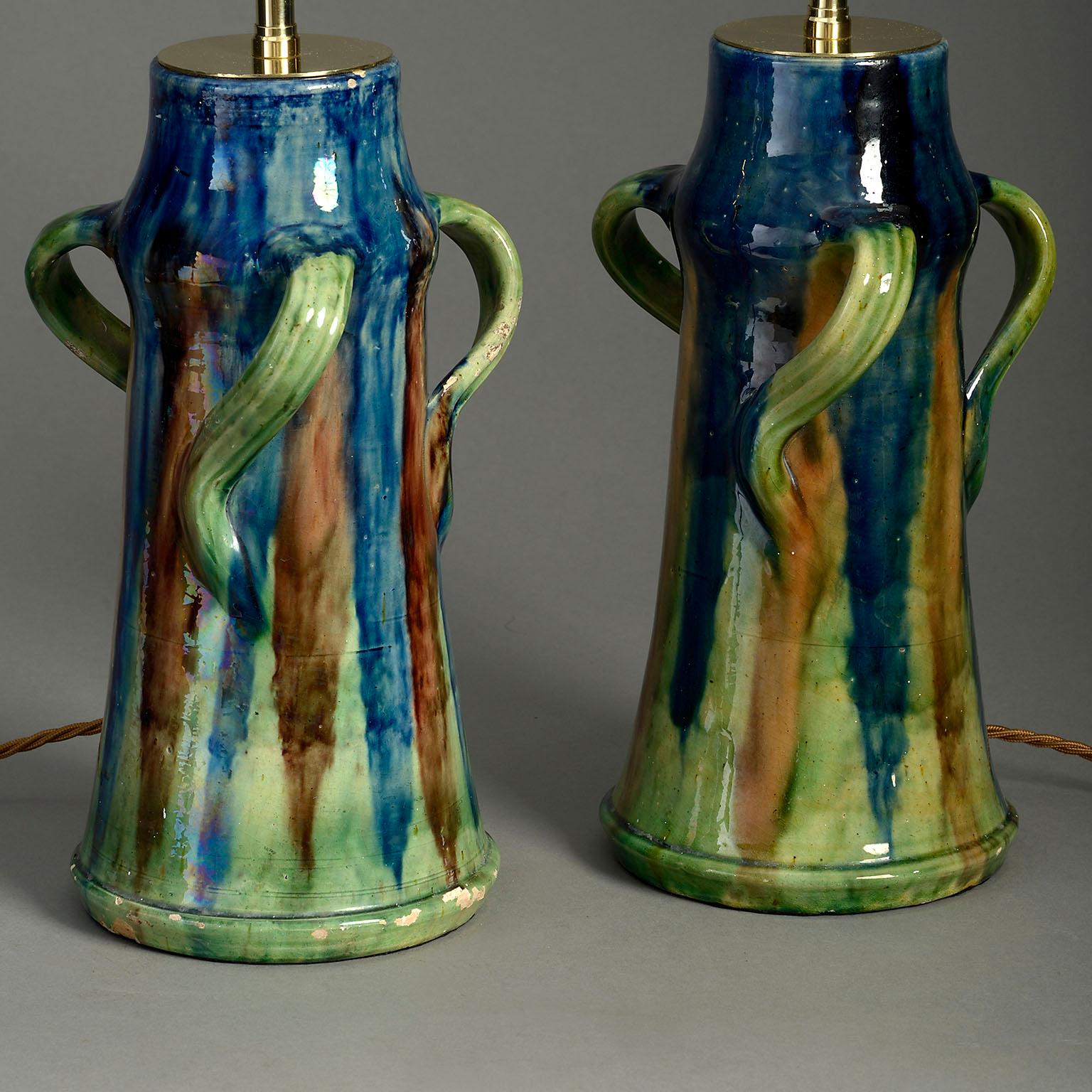 Pair of 19th Century Art Nouveau Pottery Vase Lamps In Good Condition In London, GB