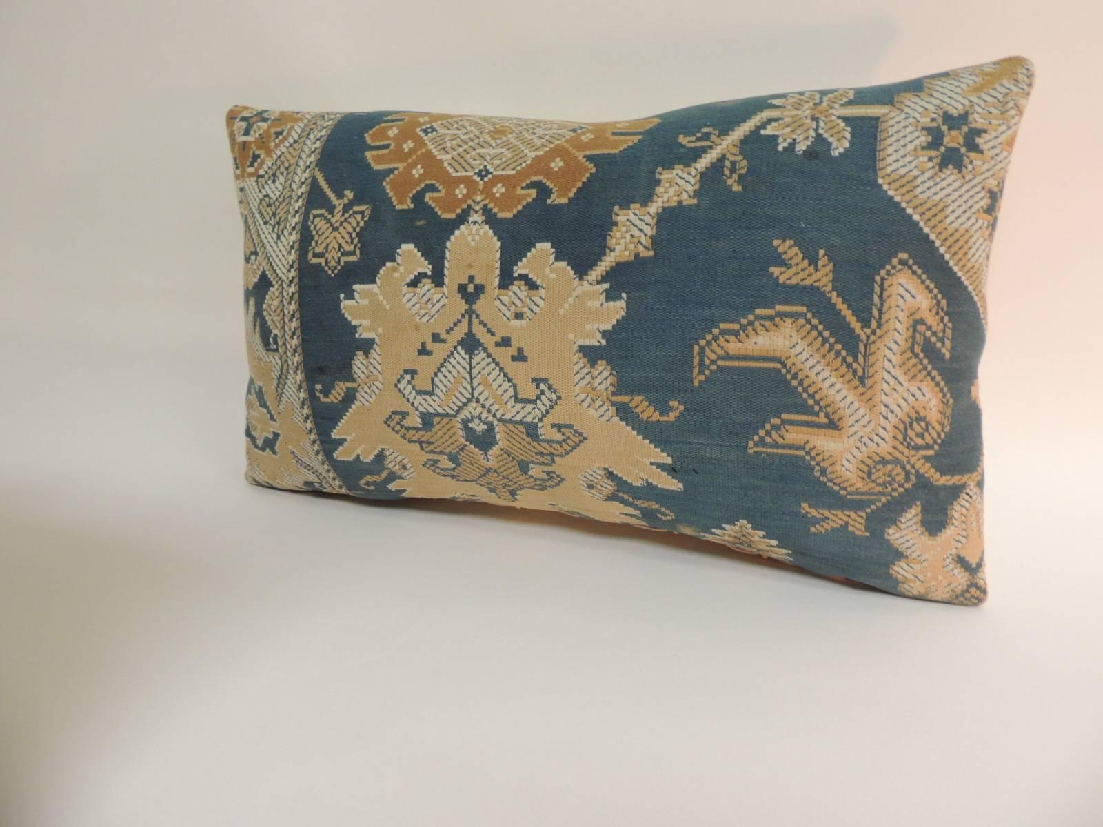 Arts and Crafts Pair of 19th Century Arts & Crafts Tan and Blue Decorative Lumbar Pillows