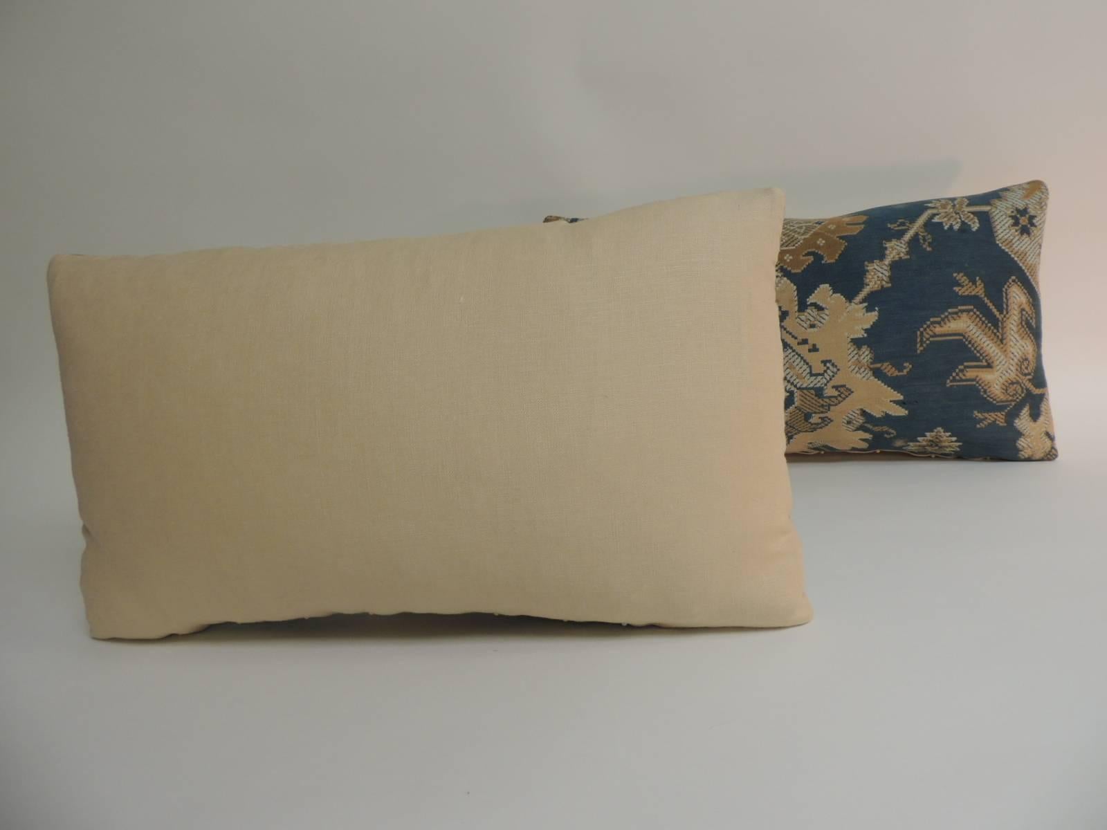 Hand-Crafted Pair of 19th Century Arts & Crafts Tan and Blue Decorative Lumbar Pillows