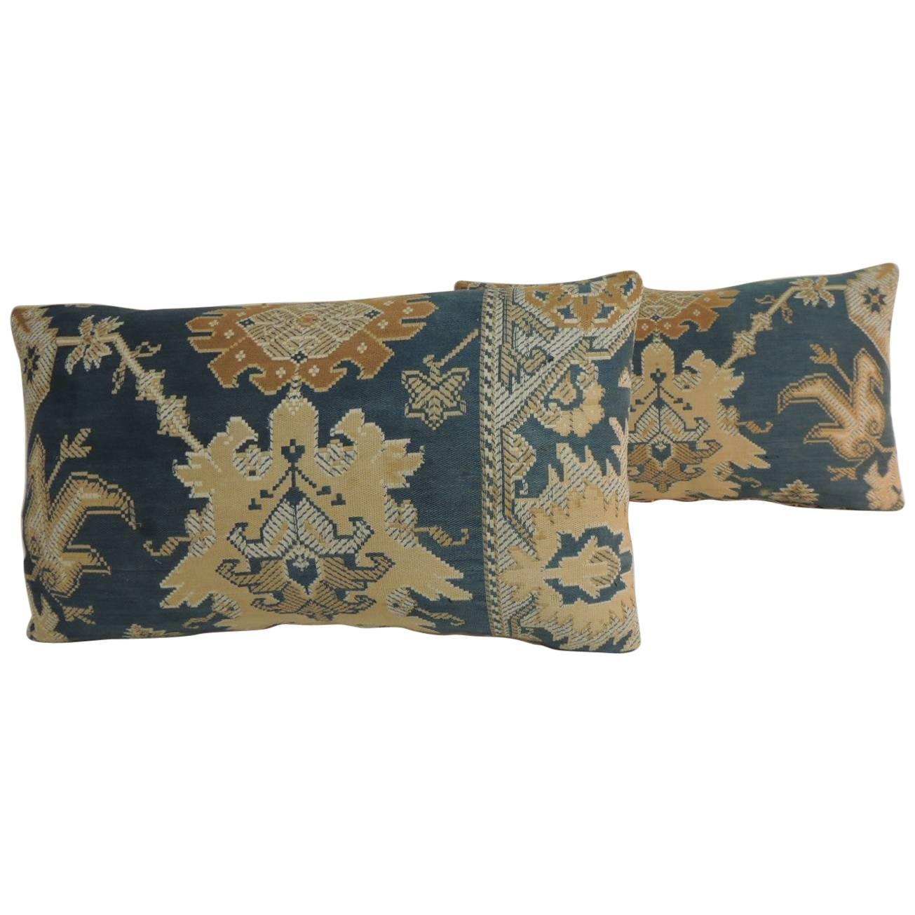 Pair of 19th Century Arts & Crafts Tan and Blue Decorative Lumbar Pillows