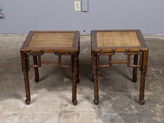 Pair of 19th Century Asian Faux Bamboo Side Tables with Rattan Tops