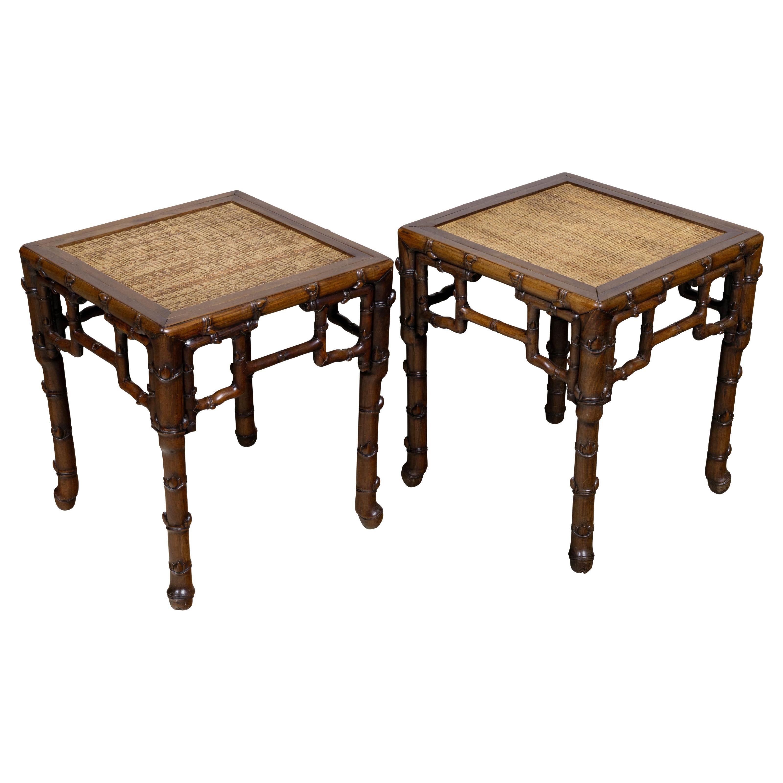 Pair of 19th Century Asian Faux Bamboo Side Tables with Rattan Tops