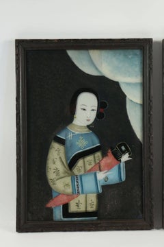 Paire de peintures asiatiques du 19ème siècle sous verre de qualité supérieure