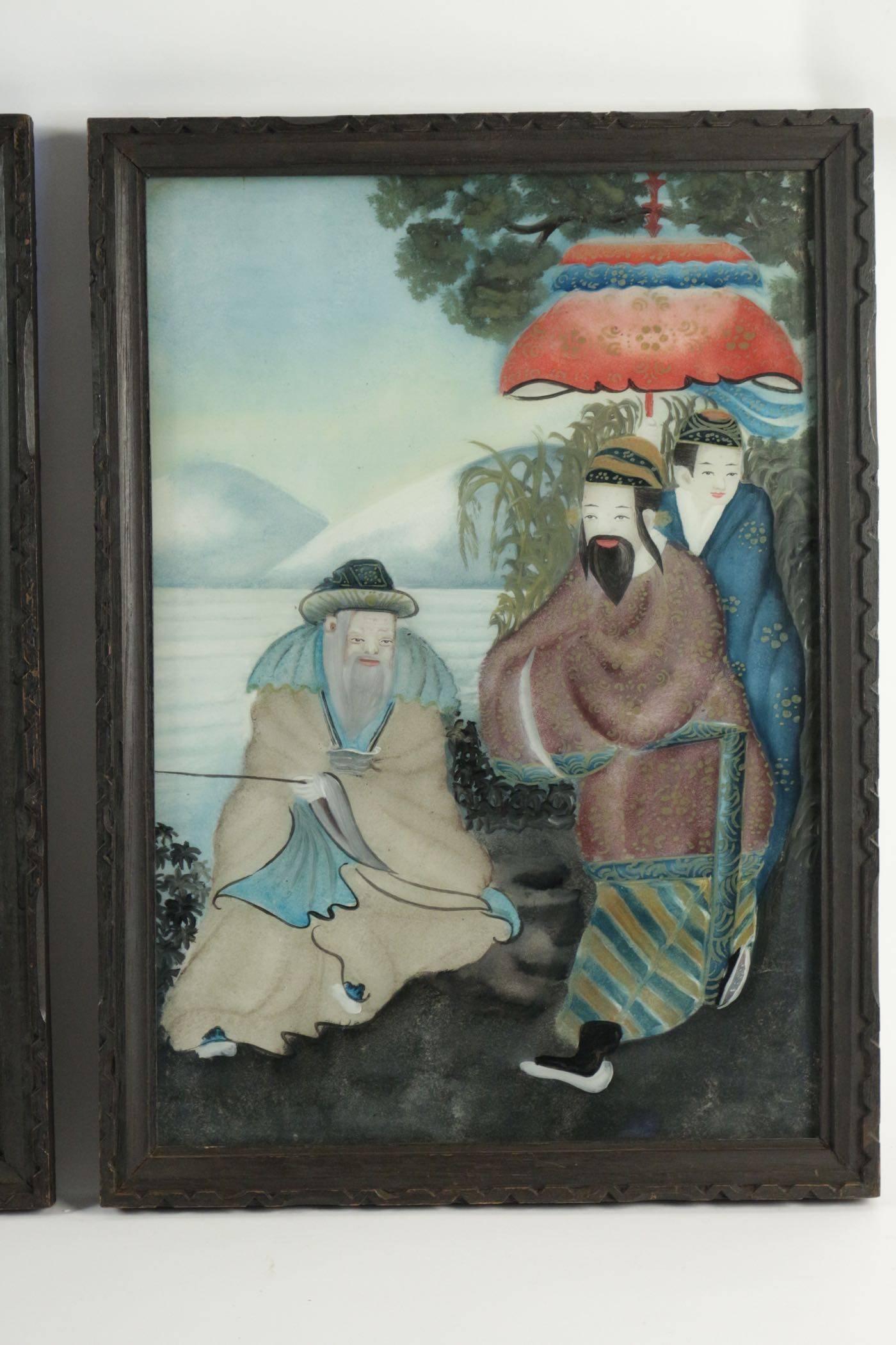 Napoléon III Paire de peintures asiatiques du 19ème siècle sous verre de qualité supérieure en vente
