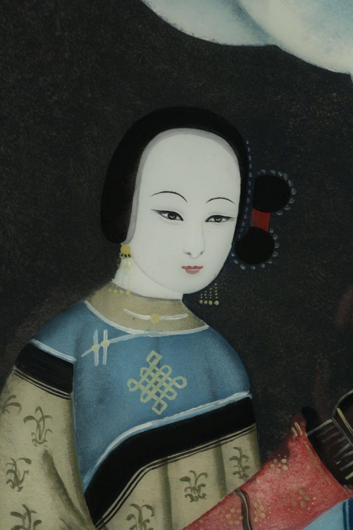 Asiatique Paire de peintures asiatiques du 19ème siècle sous verre de qualité supérieure en vente