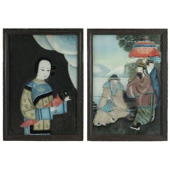Coppia di dipinti asiatici del XIX secolo sotto vetro di qualità superiore