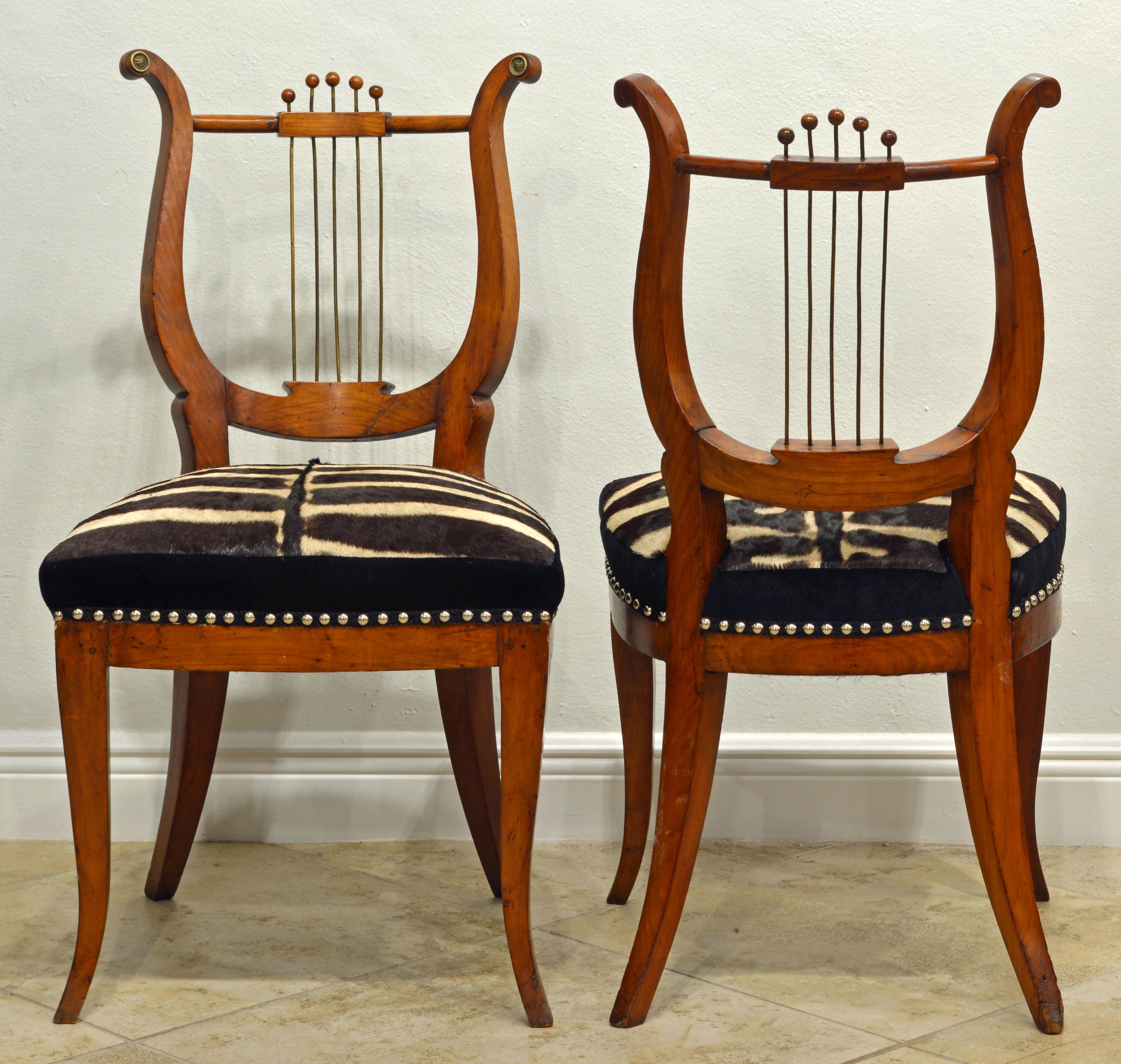 Pair of 19th Century Austrian Neoclassical Zebra Covered Lyre Back Salon Chairs In Good Condition In Ft. Lauderdale, FL