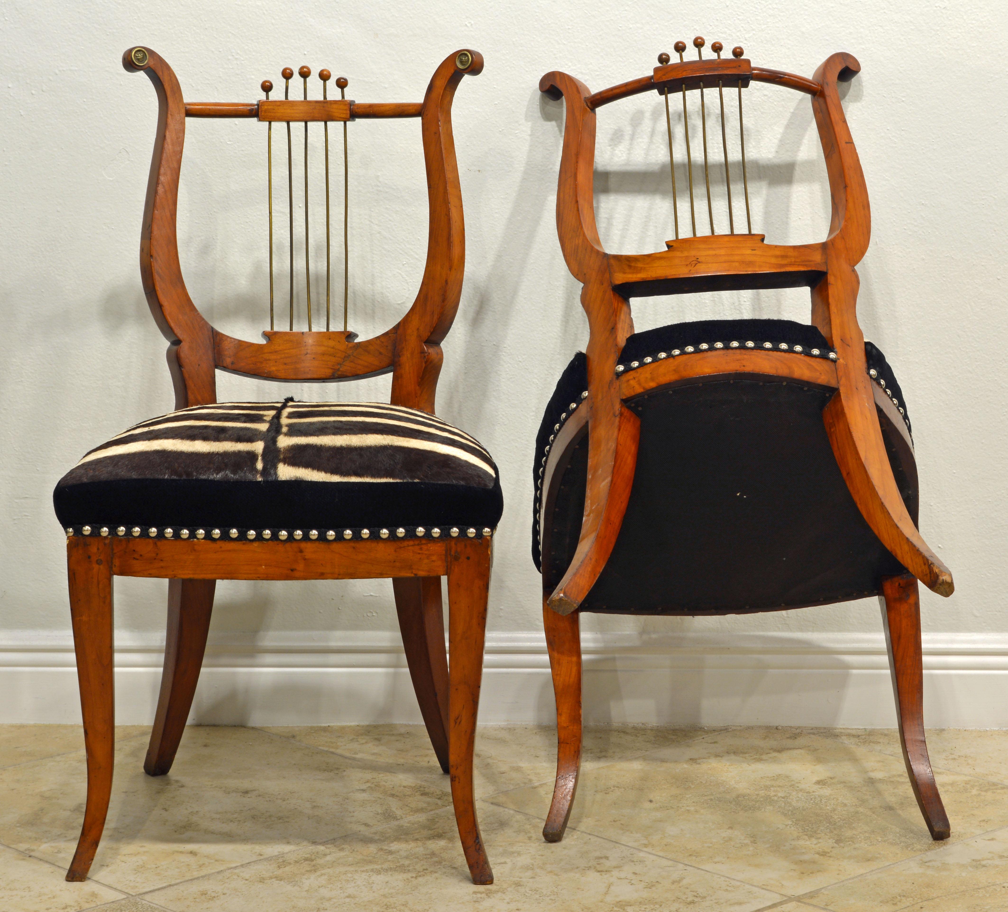 Zebra Hide Pair of 19th Century Austrian Neoclassical Zebra Covered Lyre Back Salon Chairs