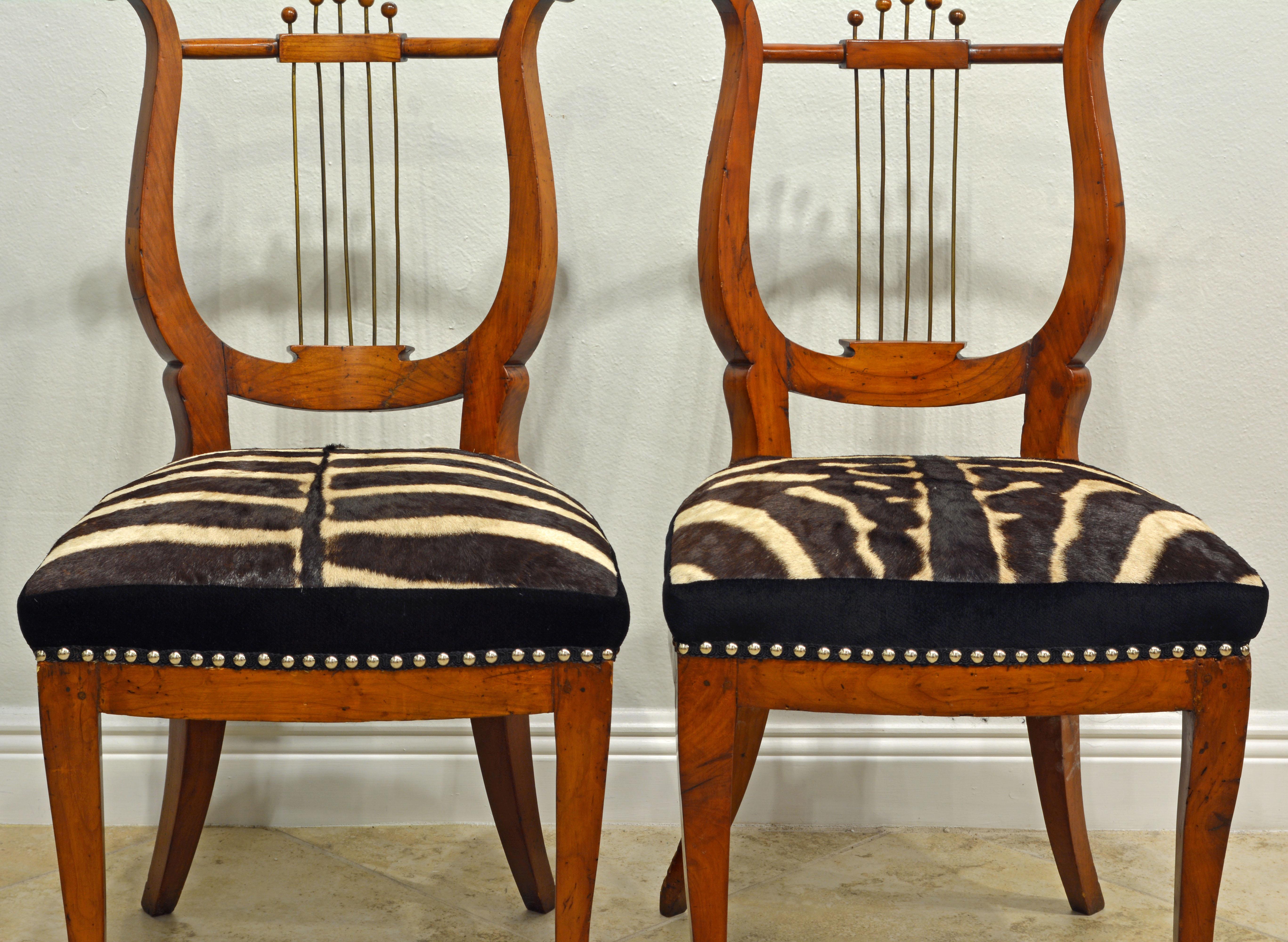 Pair of 19th Century Austrian Neoclassical Zebra Covered Lyre Back Salon Chairs 1