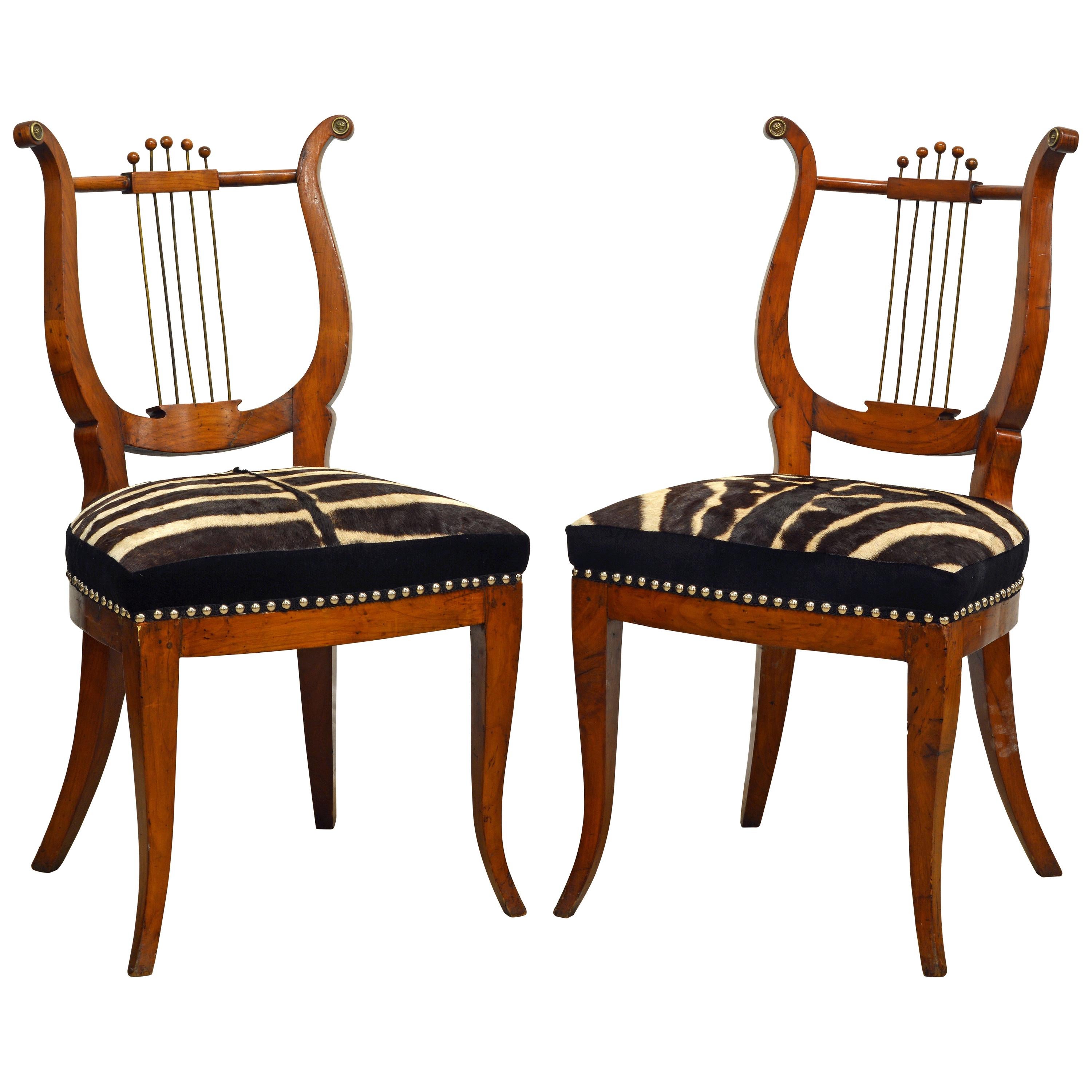 Pair of 19th Century Austrian Neoclassical Zebra Covered Lyre Back Salon Chairs