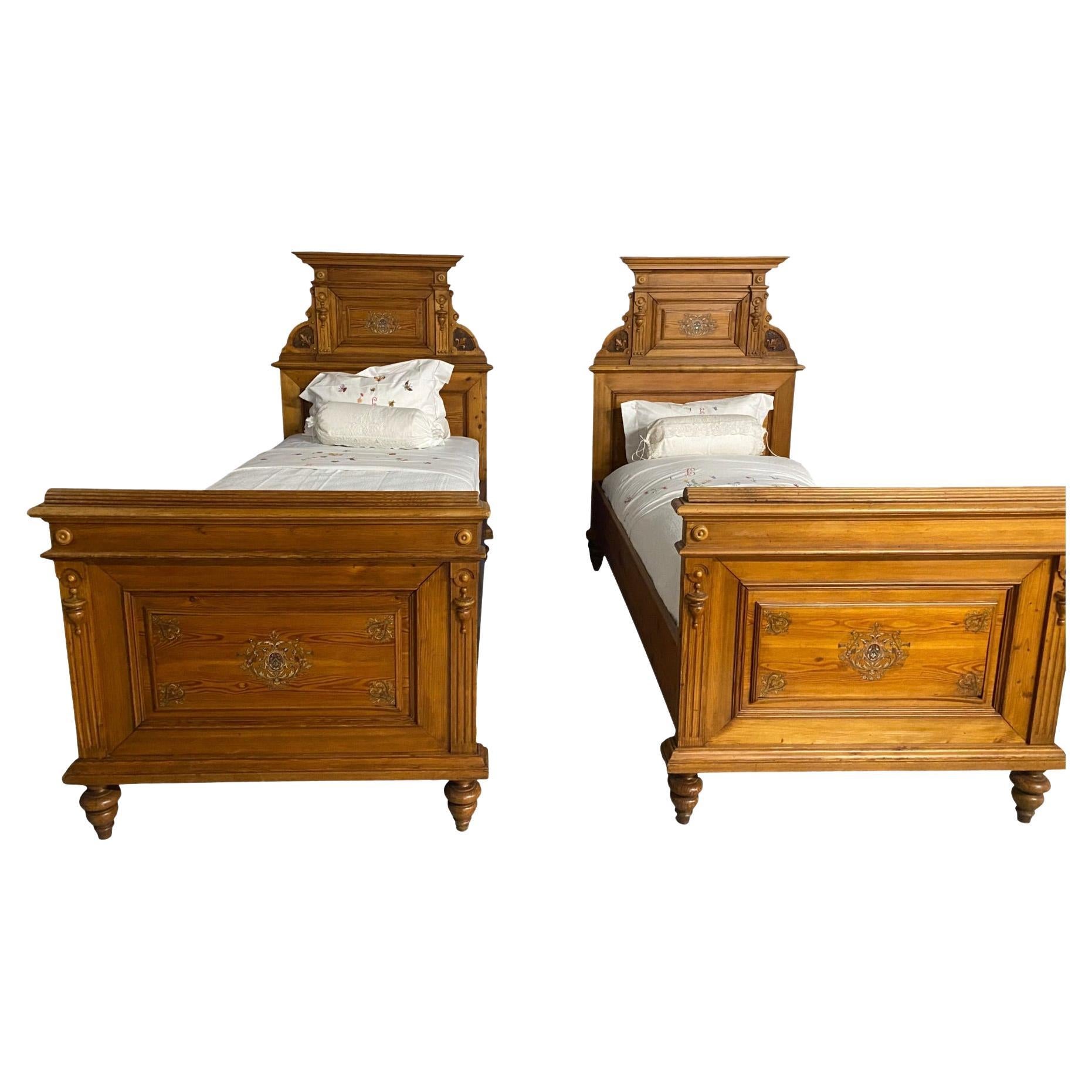 Pair of 19th Century Austrian Pine Beds with Brass Inlay